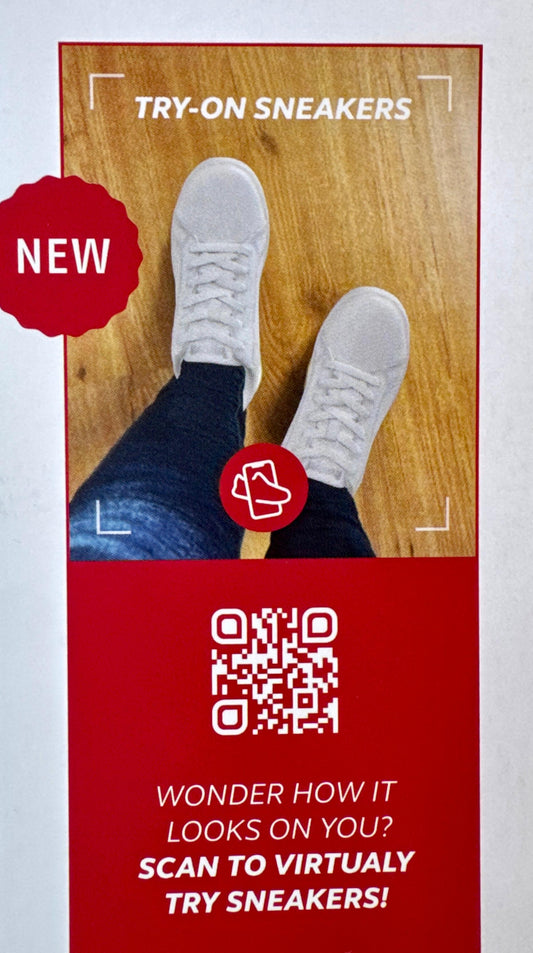 Promotional poster for sneakers with QR code on a red background